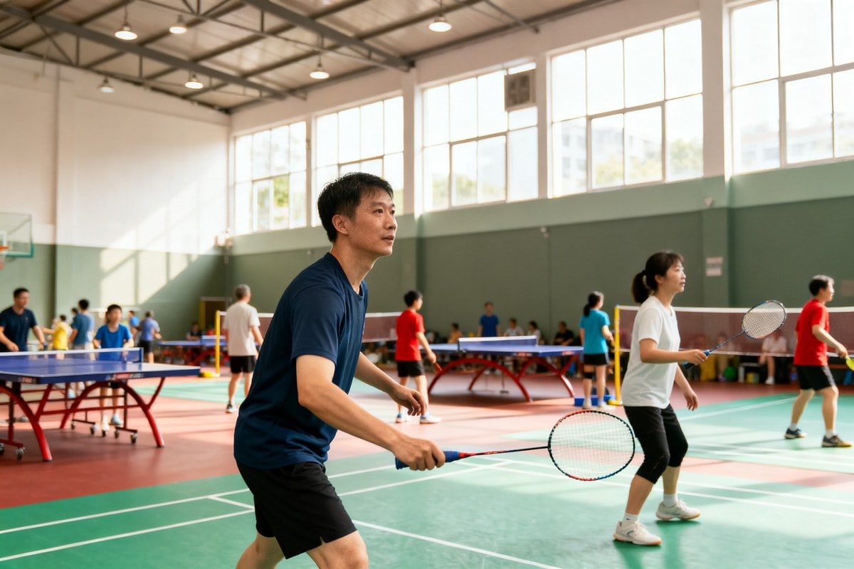 Un gymnase municipal animé où des personnes de tous âges pratiquent le badminton et le tennis de table.