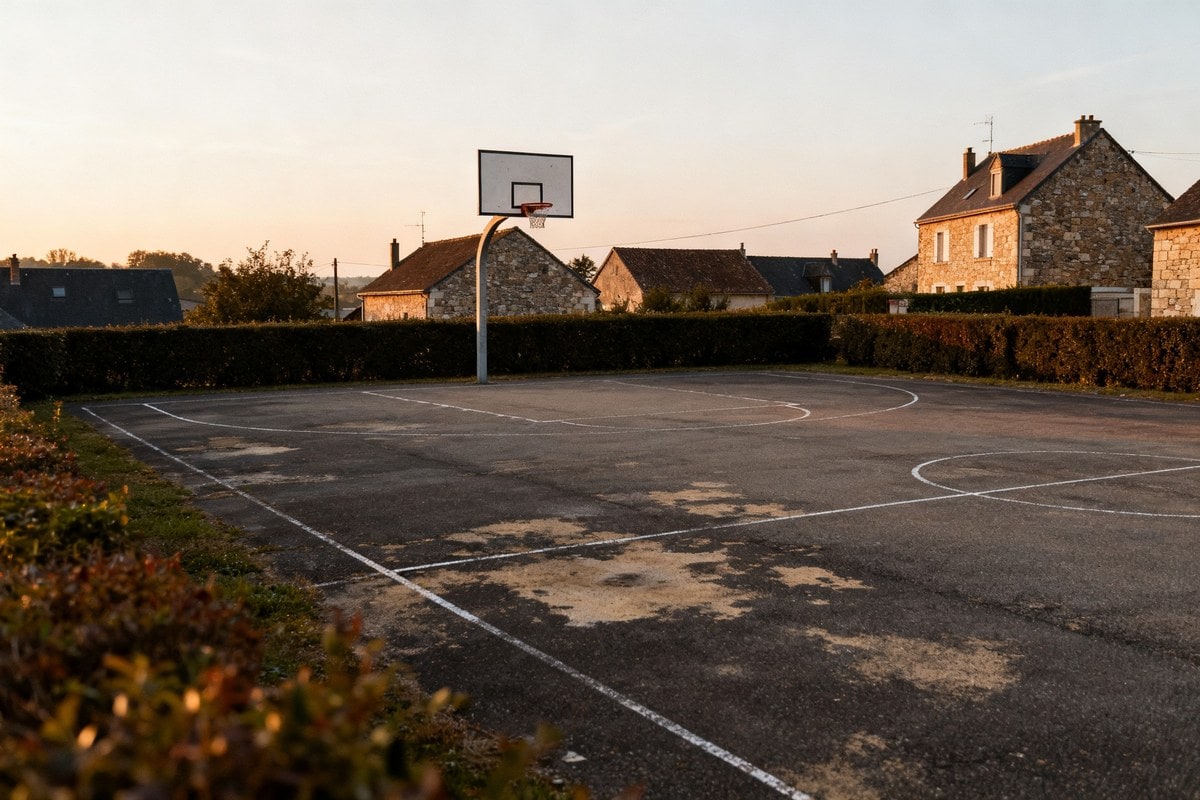 Un city-stade municipal désert en fin de journée, dans un village entouré de maisons en pierre