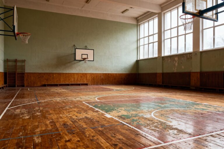 Gymnase municipal vide au parquet usé, éclairé par la lumière du jour