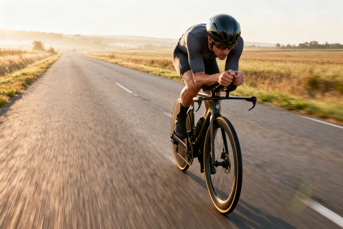 Cycliste en position aérodynamique roulant sur une route de campagne dégagée