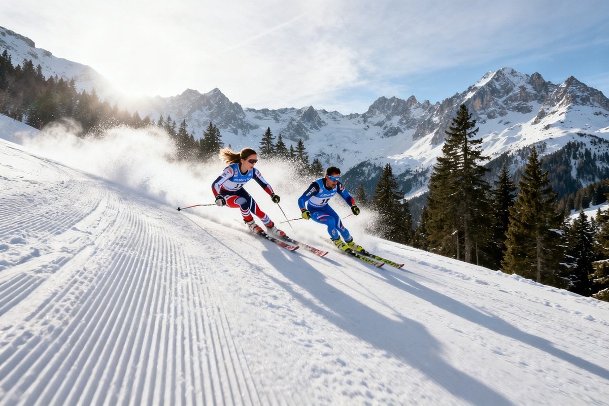 Une skieuse et un skieur en combinaison de course enchaînent des virages sur une piste damée face aux sommets alpins.