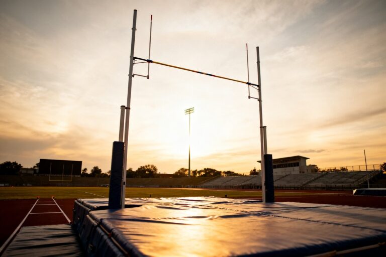 Barre et poteaux de saut à la perche se détachant sur le ciel d'un stade d'athlétisme au crépuscule