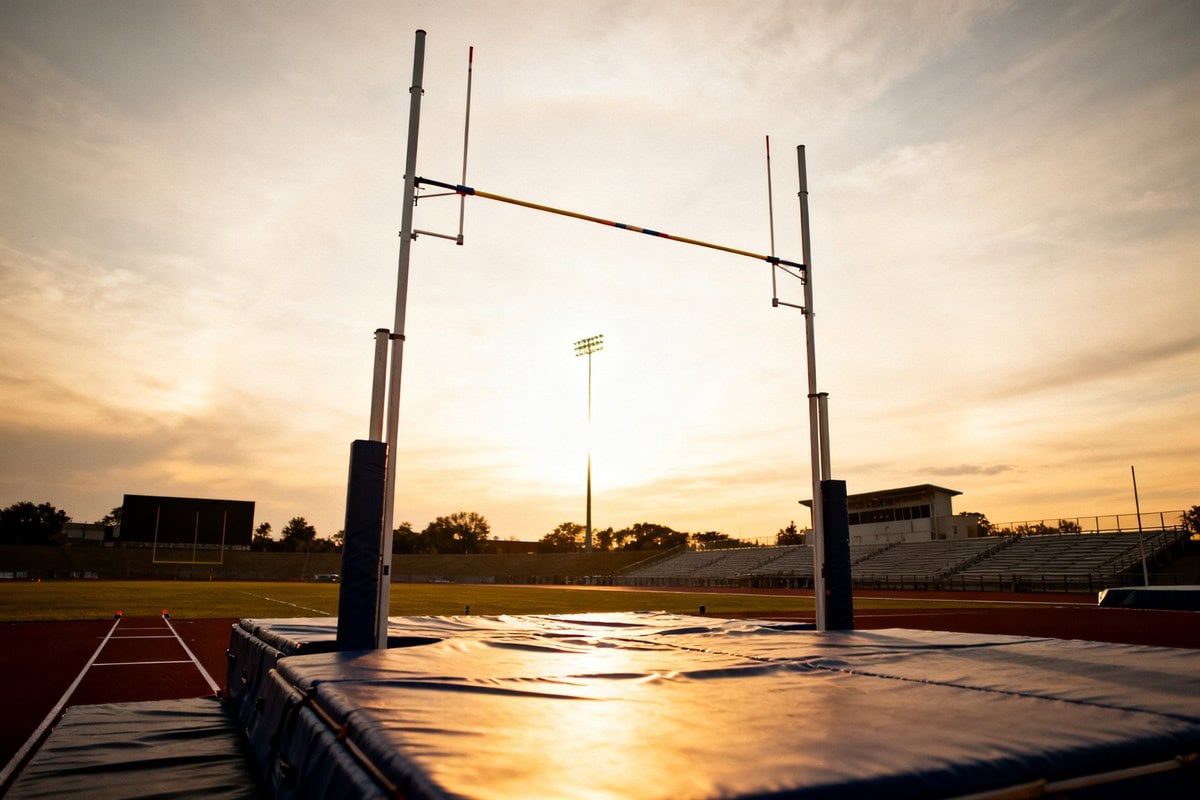Barre et poteaux de saut à la perche se détachant sur le ciel d'un stade d'athlétisme au crépuscule