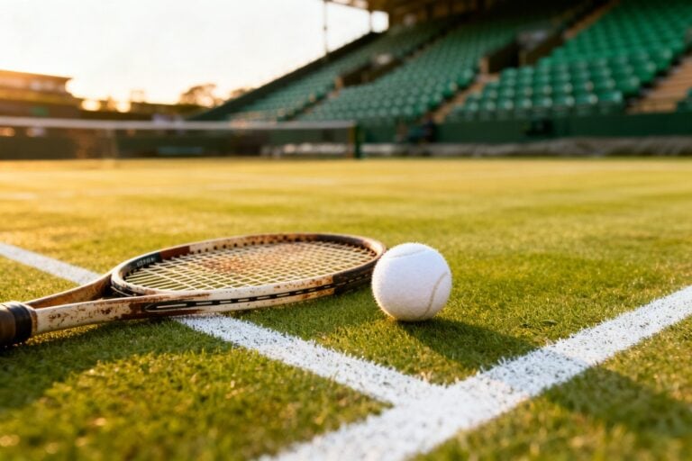 Raquette de tennis et balle posées sur un court en gazon tondu, tribunes vides en arrière-plan