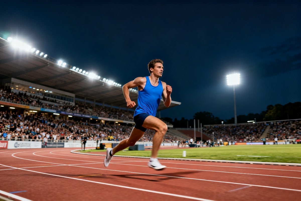 Un athlète en débardeur bleu court sur la piste d'un stade illuminé le soir, tribunes pleines