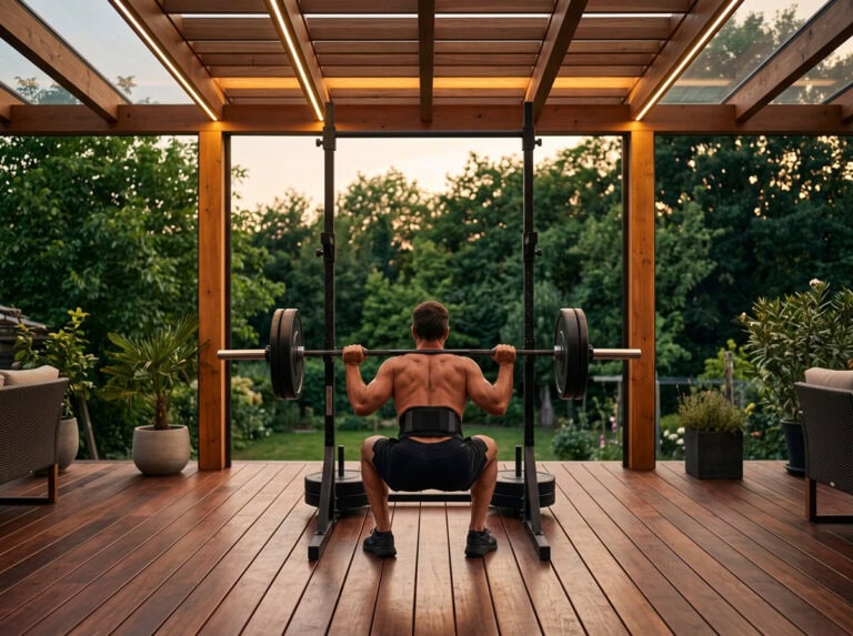 Station de traction et de dips en acier installée sur une terrasse en bois, barre olympique chargée et sangles suspendues