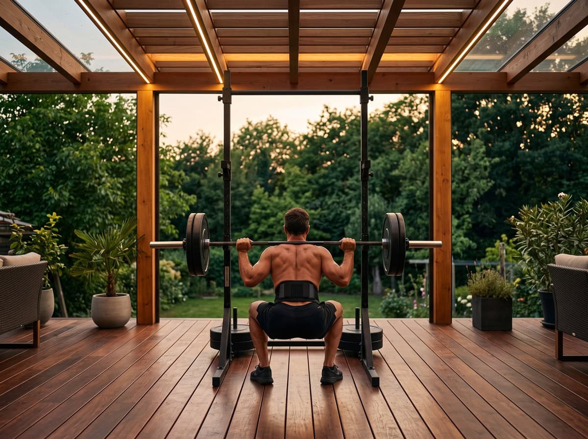 Station de traction et de dips en acier installée sur une terrasse en bois, barre olympique chargée et sangles suspendues
