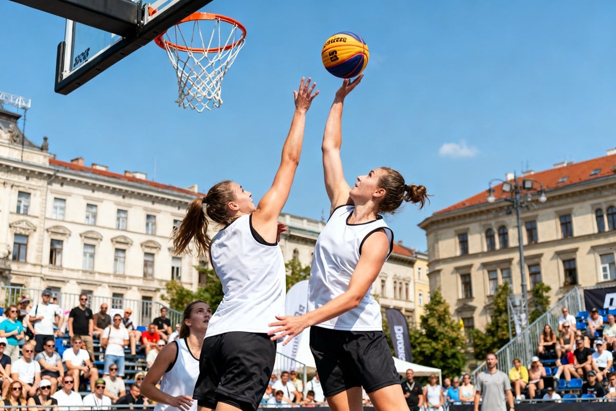 Deux basketteuses sautent au panier lors d'un match de 3x3 sur un terrain installé sur une place urbaine