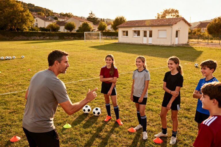 Un éducateur bénévole donne ses consignes à de jeunes joueuses et joueurs sur un terrain de football de village