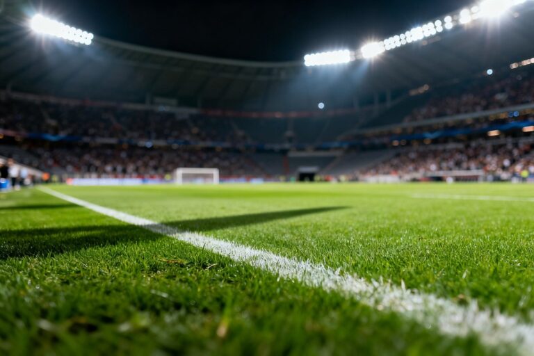 Stade de football illuminé la nuit, pelouse verte et tribunes garnies avant un grand match