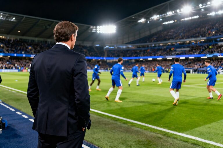 Un entraîneur de football en costume observe de dos ses joueurs en maillot bleu s'échauffer sur une pelouse de stade illuminée