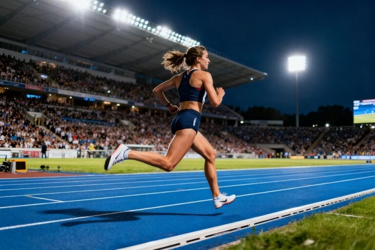 Athlète de demi-fond en plein effort sur la piste bleue d'un stade en nocturne
