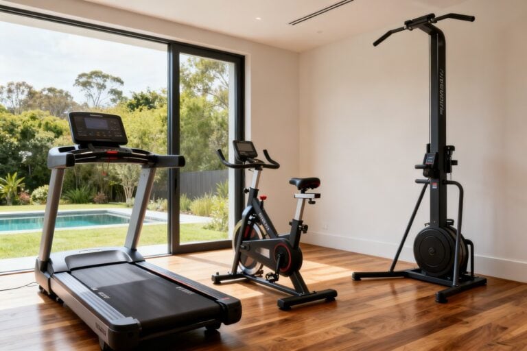 Salle de sport à domicile équipée de plusieurs machines de cardio près d'une grande fenêtre