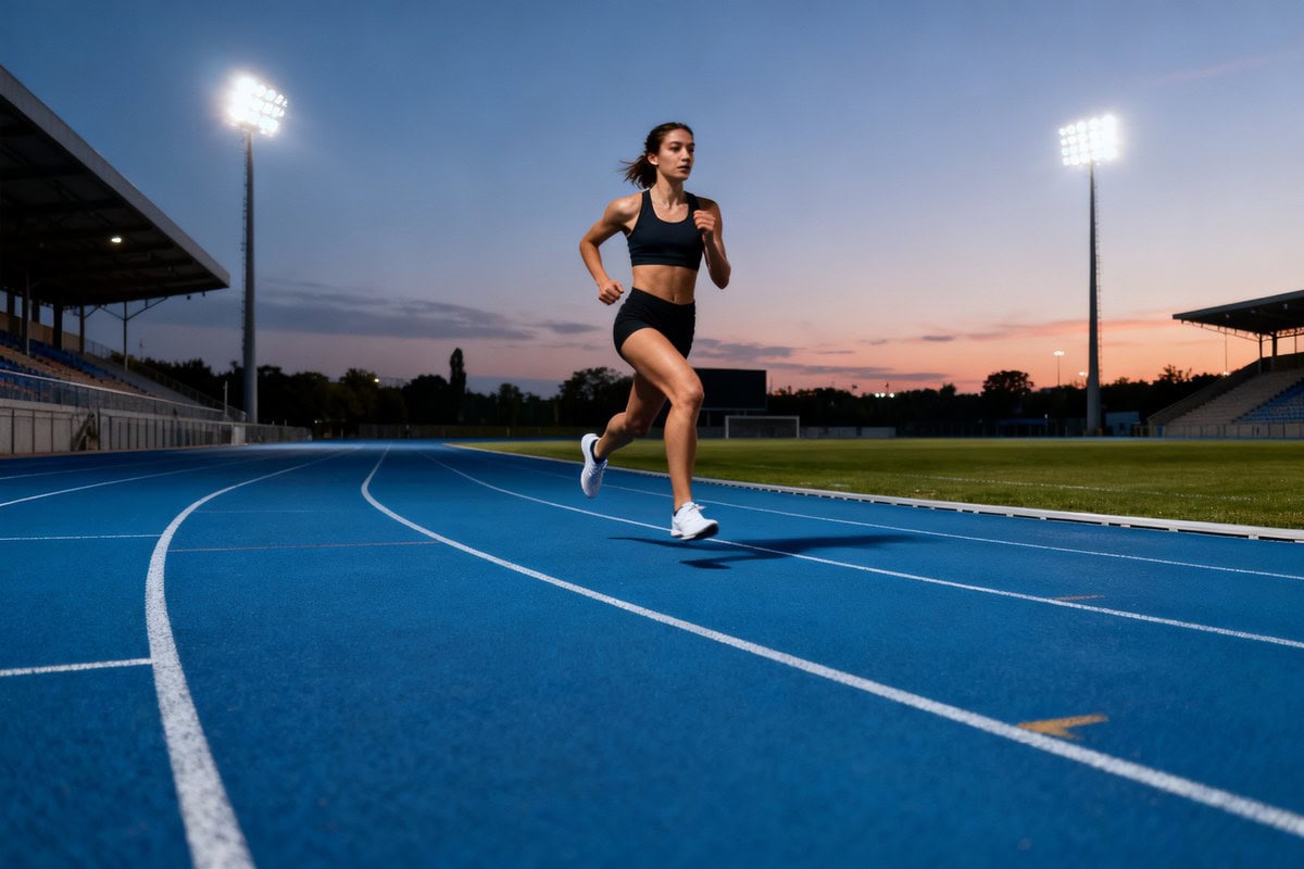 Une athlète féminine court seule sur une piste d'athlétisme bleue en fin de journée, sous les projecteurs du stade.