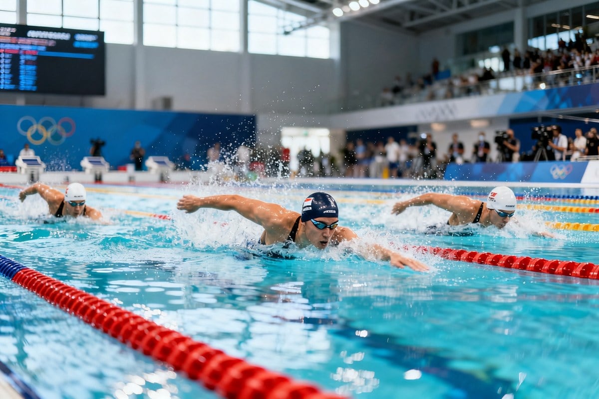 Nageurs en pleine course de papillon dans un bassin olympique, gerbes d'eau et tribunes en arrière-plan