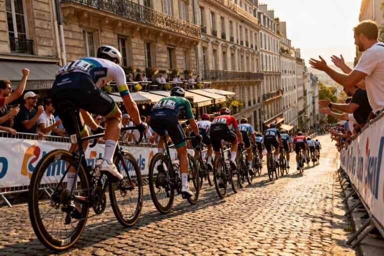 Un peloton de cyclistes grimpe une rue pavée bordée d'immeubles haussmanniens, le public applaudit derrière les barrières