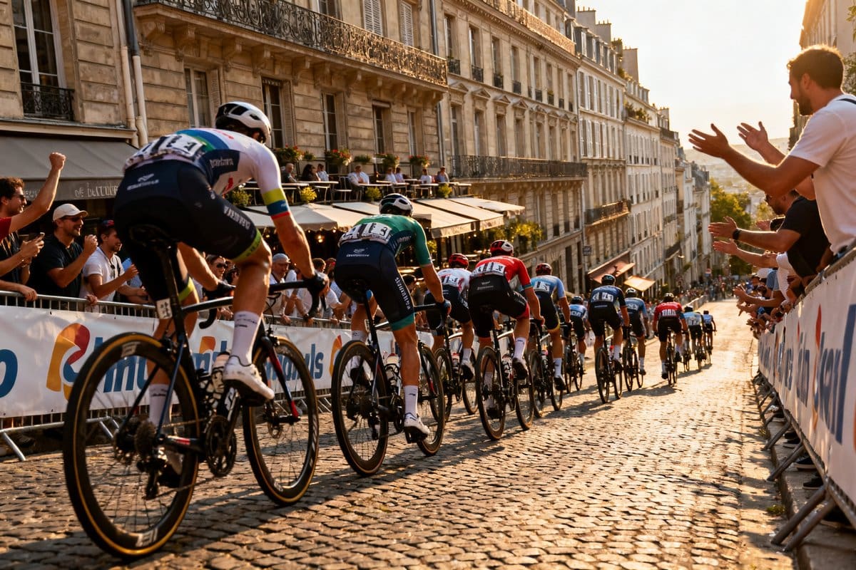 Un peloton de cyclistes grimpe une rue pavée bordée d'immeubles haussmanniens, le public applaudit derrière les barrières