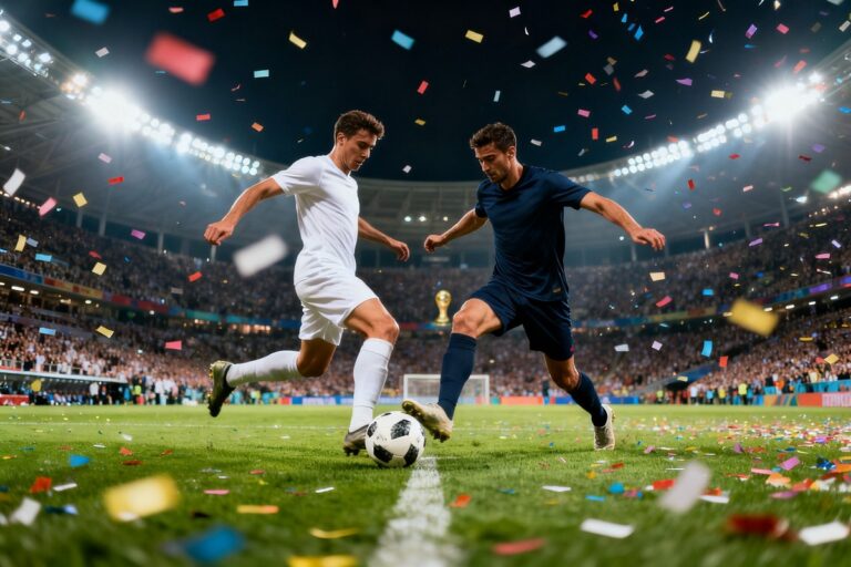 Deux footballeurs disputent le ballon sous les projecteurs d'un stade comble, confettis en l'air et trophée en fond