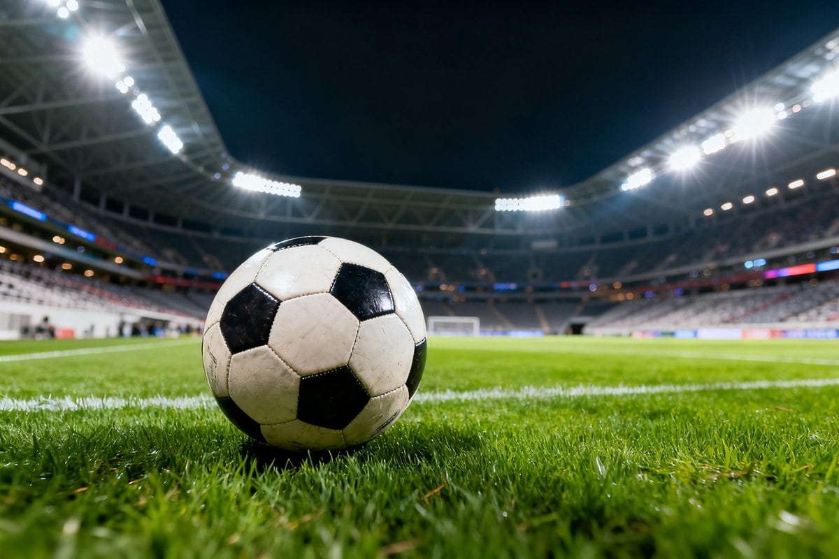 Ballon de football posé sur la pelouse d'un grand stade illuminé la nuit, tribunes en arrière-plan