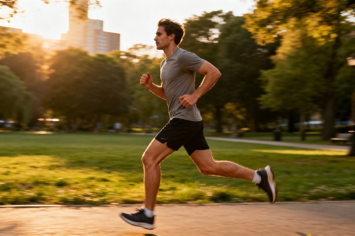 Un coureur en tenue de sport court sur une allée de parc au coucher du soleil, dans un mouvement dynamique.