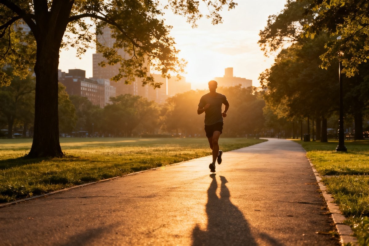 Un coureur seul sur une allée de parc urbain au lever du jour, ombres allongées