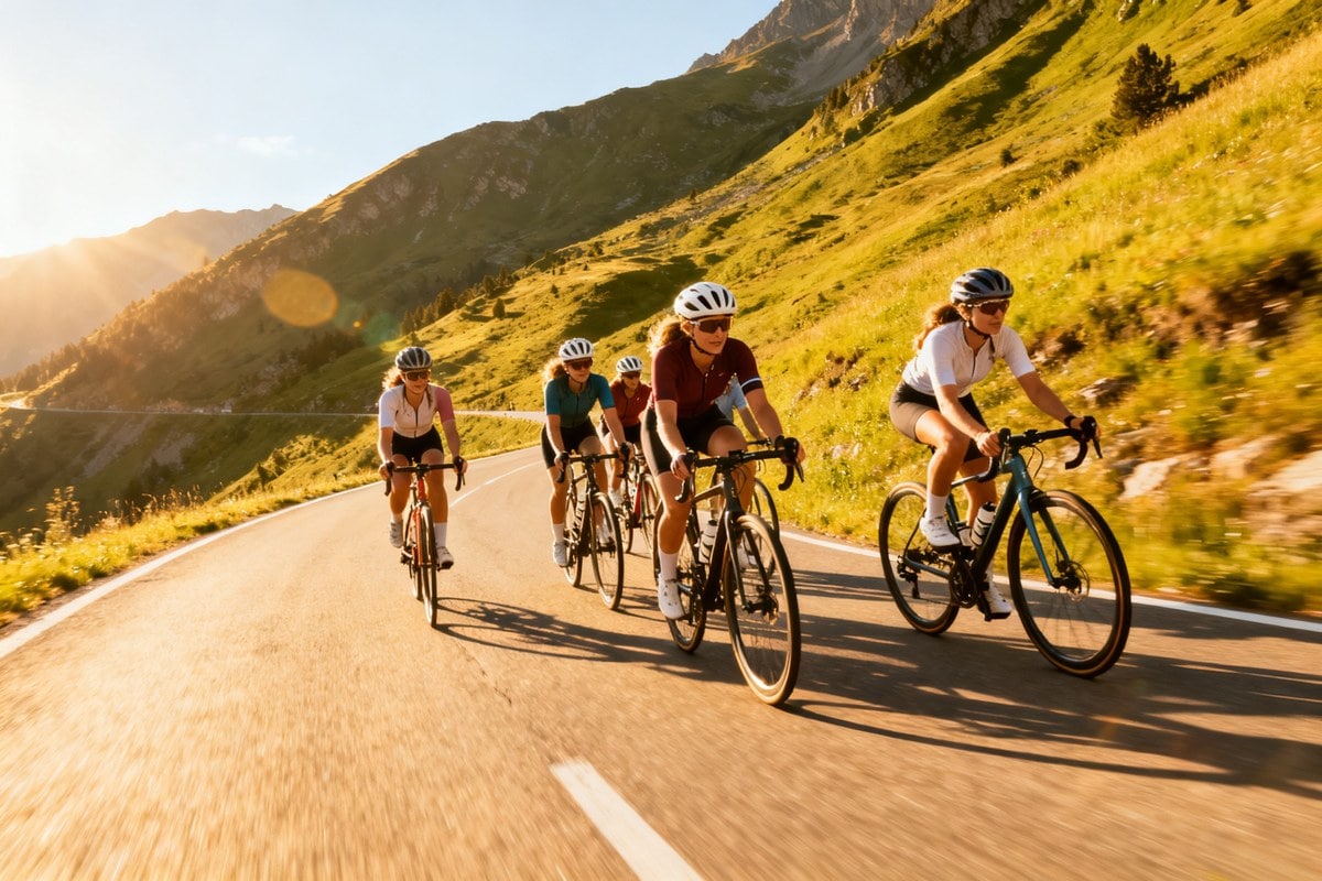 Peloton de cyclistes féminines à l'effort dans un col de montagne ensoleillé en été