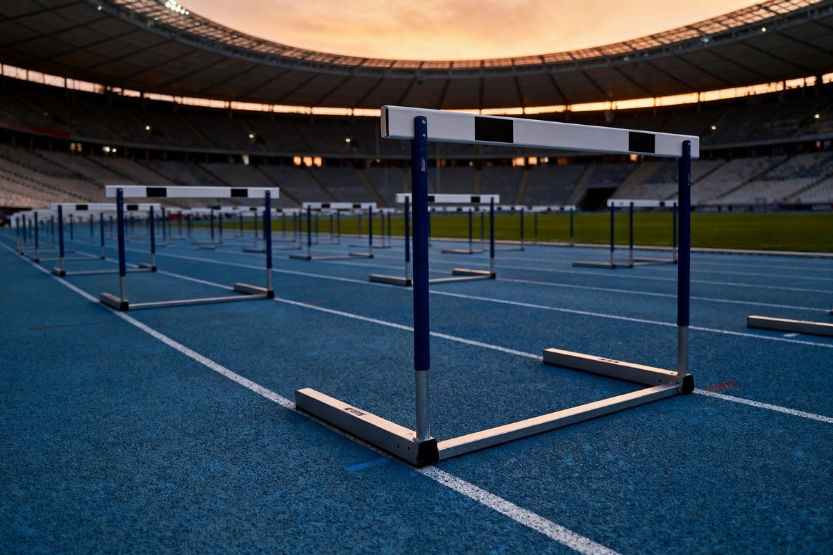 Haies alignées sur une piste d'athlétisme bleue dans un stade au crépuscule