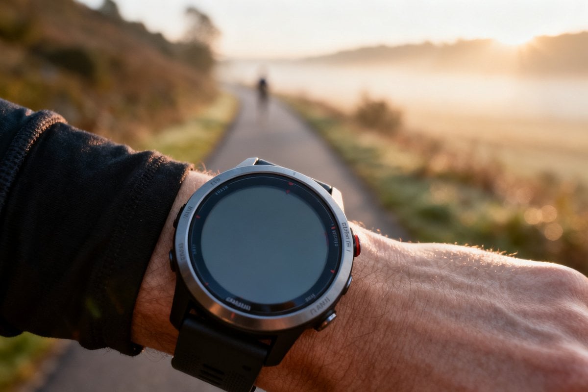 Montre GPS de sport portée au poignet, sentier de course flou en arrière-plan