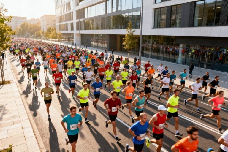 Une foule de coureurs amateurs en tenues colorées s'élance dans une avenue urbaine ensoleillée lors d'une course