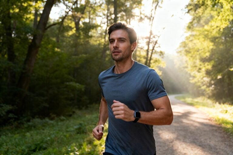 Un coureur amateur en tee-shirt bleu trottine sur un chemin forestier ensoleillé, montre au poignet