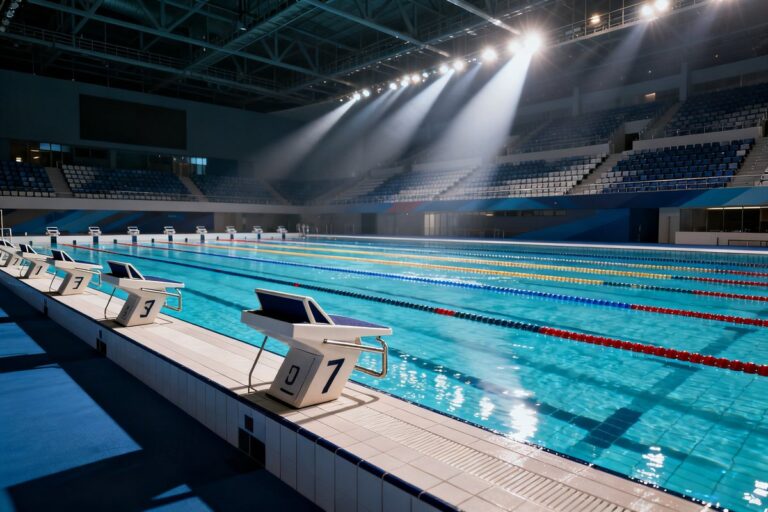 Bassin de compétition de natation vide avec plots de départ éclairé par les projecteurs d une arène.
