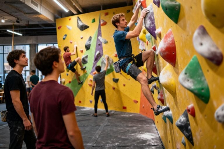 Grimpeurs sur un mur de bloc coloré dans une salle d'escalade urbaine moderne
