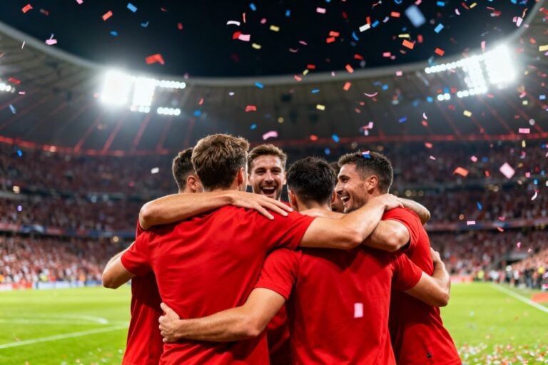Des footballeurs en maillot rouge célèbrent bras dessus bras dessous sous une pluie de confettis, stade comble