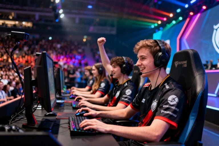 Des joueurs et une joueuse d'esport alignés sur scène, casque sur les oreilles, l'un lève le poing devant le public.