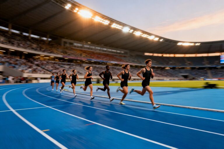 Un groupe de coureurs et coureuses de demi-fond en pleine course sur la piste bleue d'un stade éclairé
