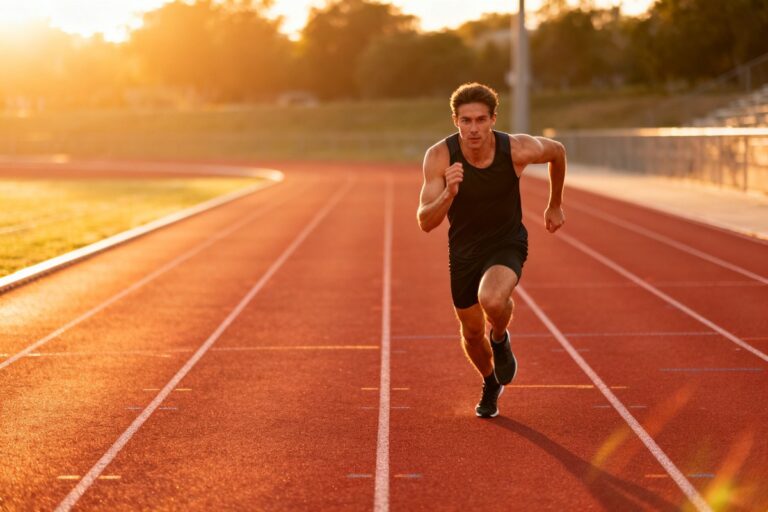 Un coureur en tenue noire sprinte sur une piste d'athlétisme rouge au lever du soleil, en plein effort