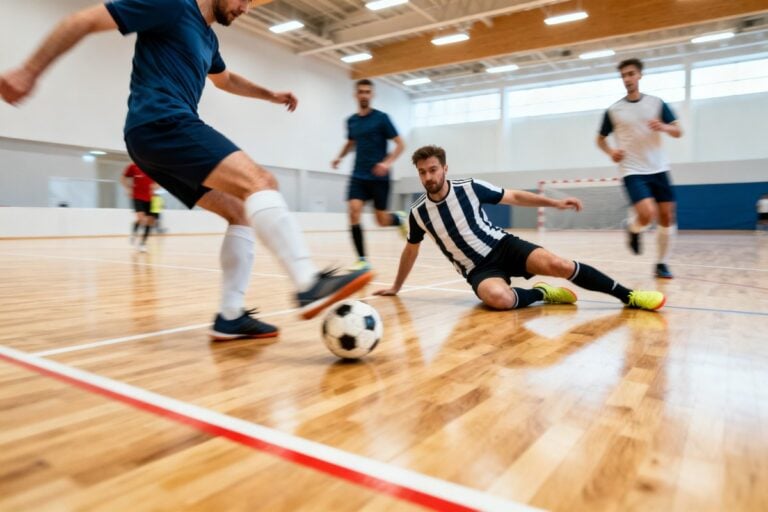 Match de futsal dans un gymnase, un joueur frappe le ballon au ras du parquet face à un défenseur au sol