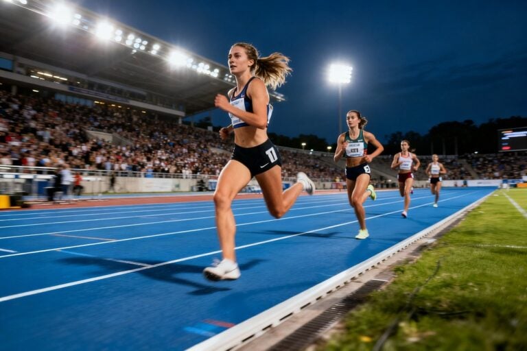 Coureuses de fond en pleine course sur une piste bleue, sous les projecteurs d'un stade en soirée