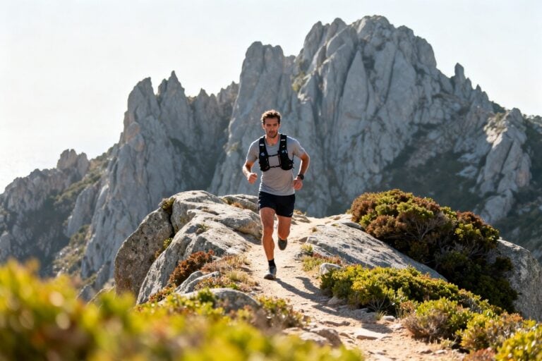 Un traileur en gilet de course progresse sur un sentier rocheux face à des aiguilles de granite