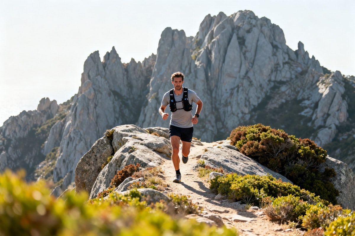 Un traileur en gilet de course progresse sur un sentier rocheux face à des aiguilles de granite