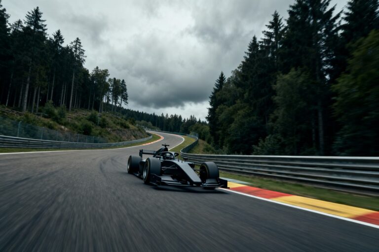 Une monoplace de Formule 1 file dans un virage d'un circuit bordé de forêts sous un ciel d'orage, vibreurs rouge et jaune