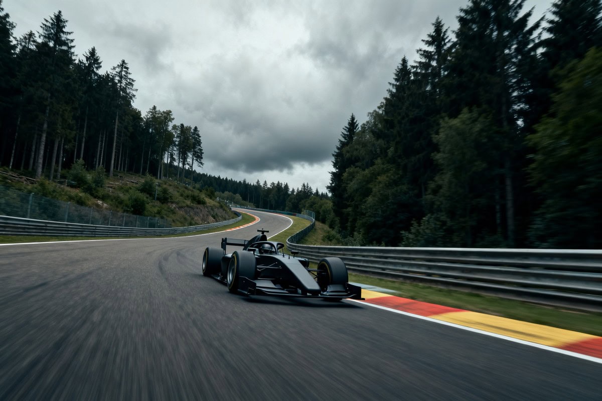 Une monoplace de Formule 1 file dans un virage d'un circuit bordé de forêts sous un ciel d'orage, vibreurs rouge et jaune