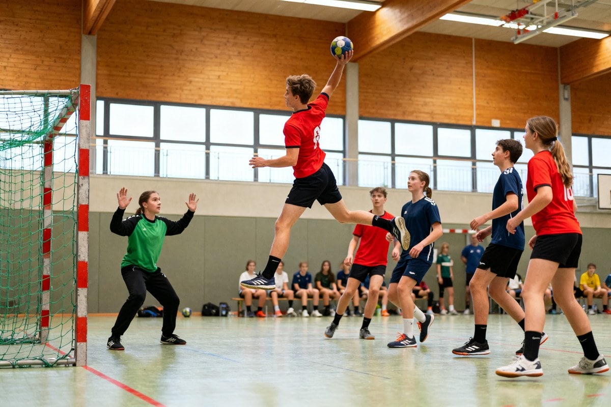 De jeunes handballeurs en action dans un gymnase, un joueur saute pour tirer face à la gardienne, équipes mixtes