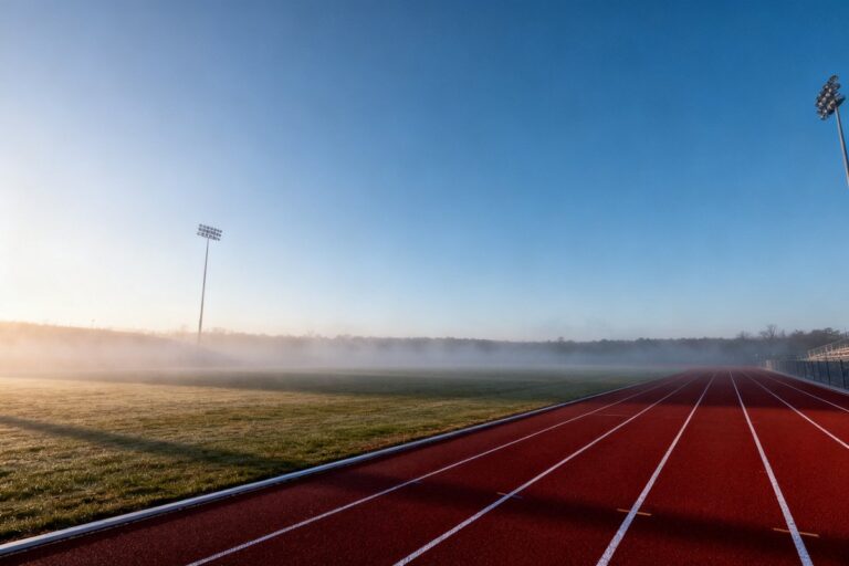 Piste d'athlétisme rouge déserte à l'aube, couloirs marqués et brume légère sur la pelouse