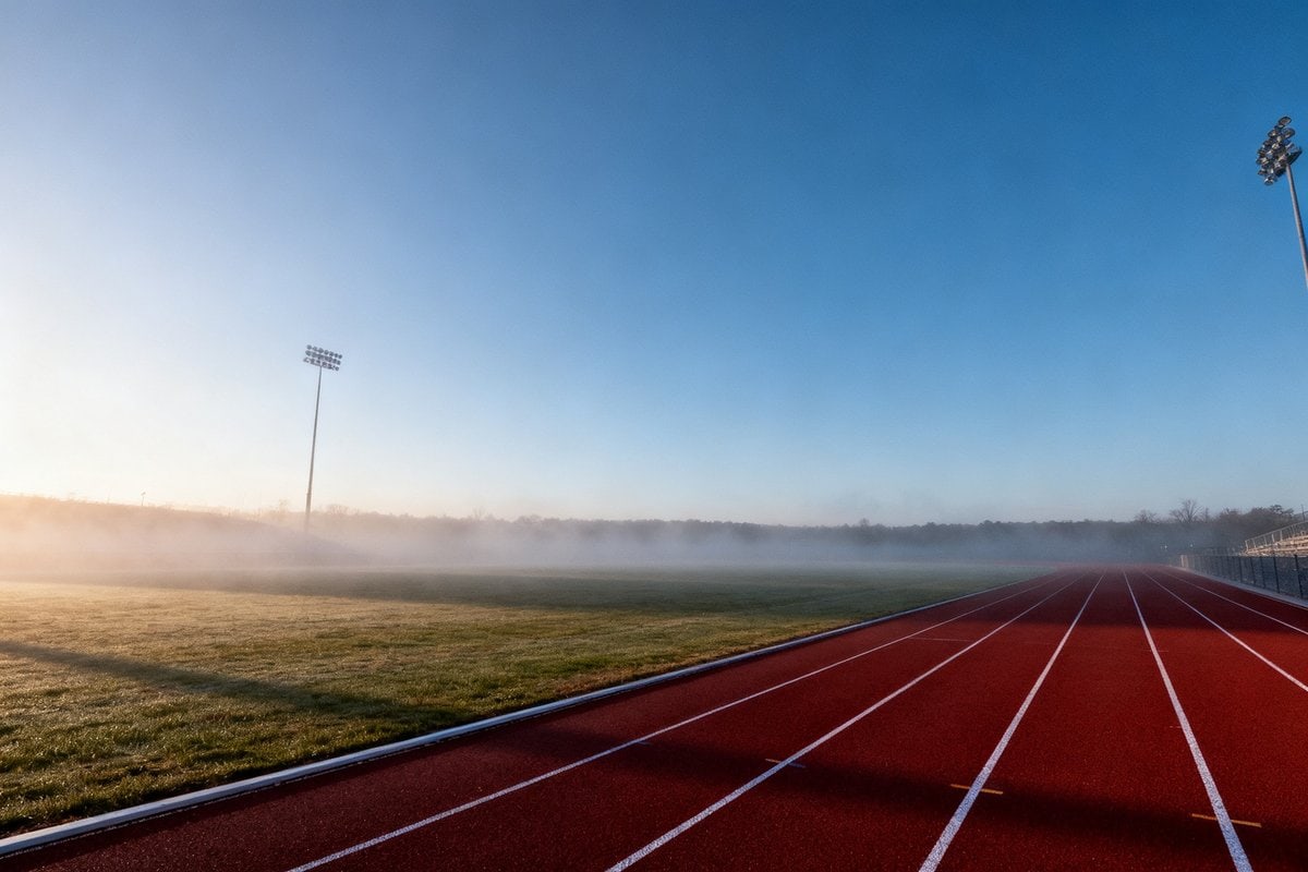 Piste d'athlétisme rouge déserte à l'aube, couloirs marqués et brume légère sur la pelouse
