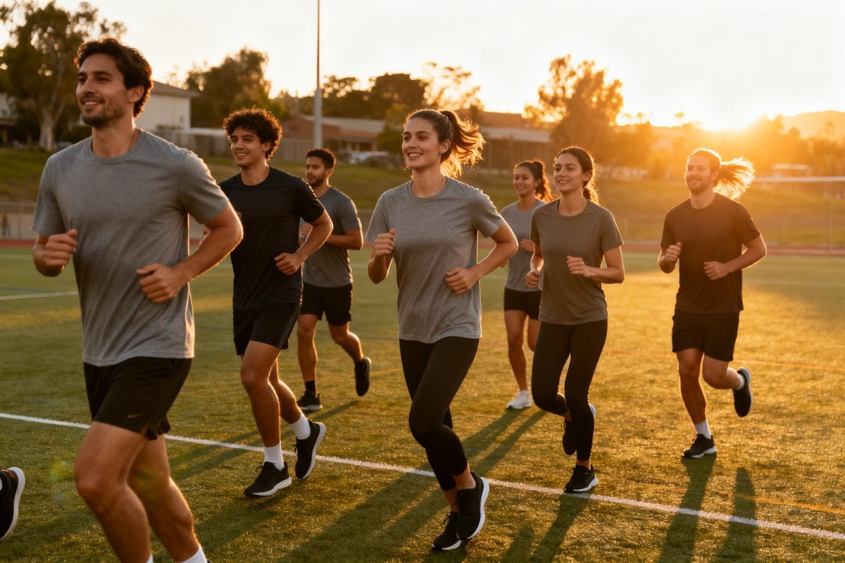 Un groupe de sportifs amateurs, femmes et hommes, court ensemble sur un terrain de club au coucher du soleil.
