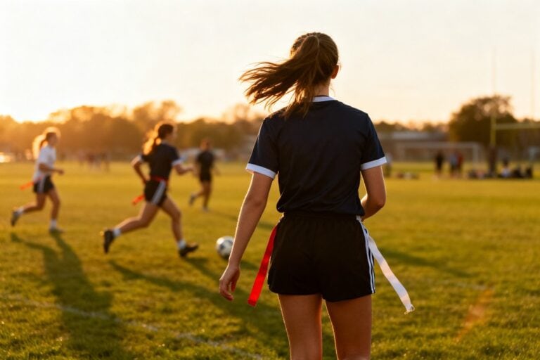 Joueuses de sport en action sur un terrain extérieur en fin de journée