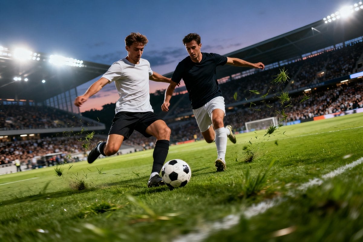 Deux footballeurs se disputent le ballon sur une pelouse éclairée, dans un stade rempli au crépuscule