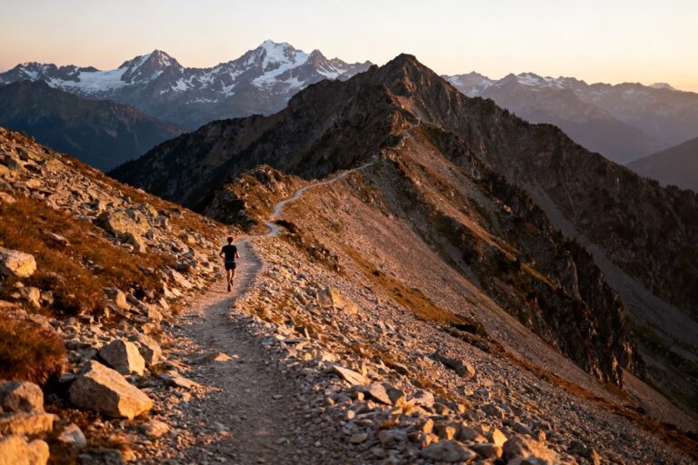 Coureur solitaire sur une crête rocheuse de haute montagne au lever du jour