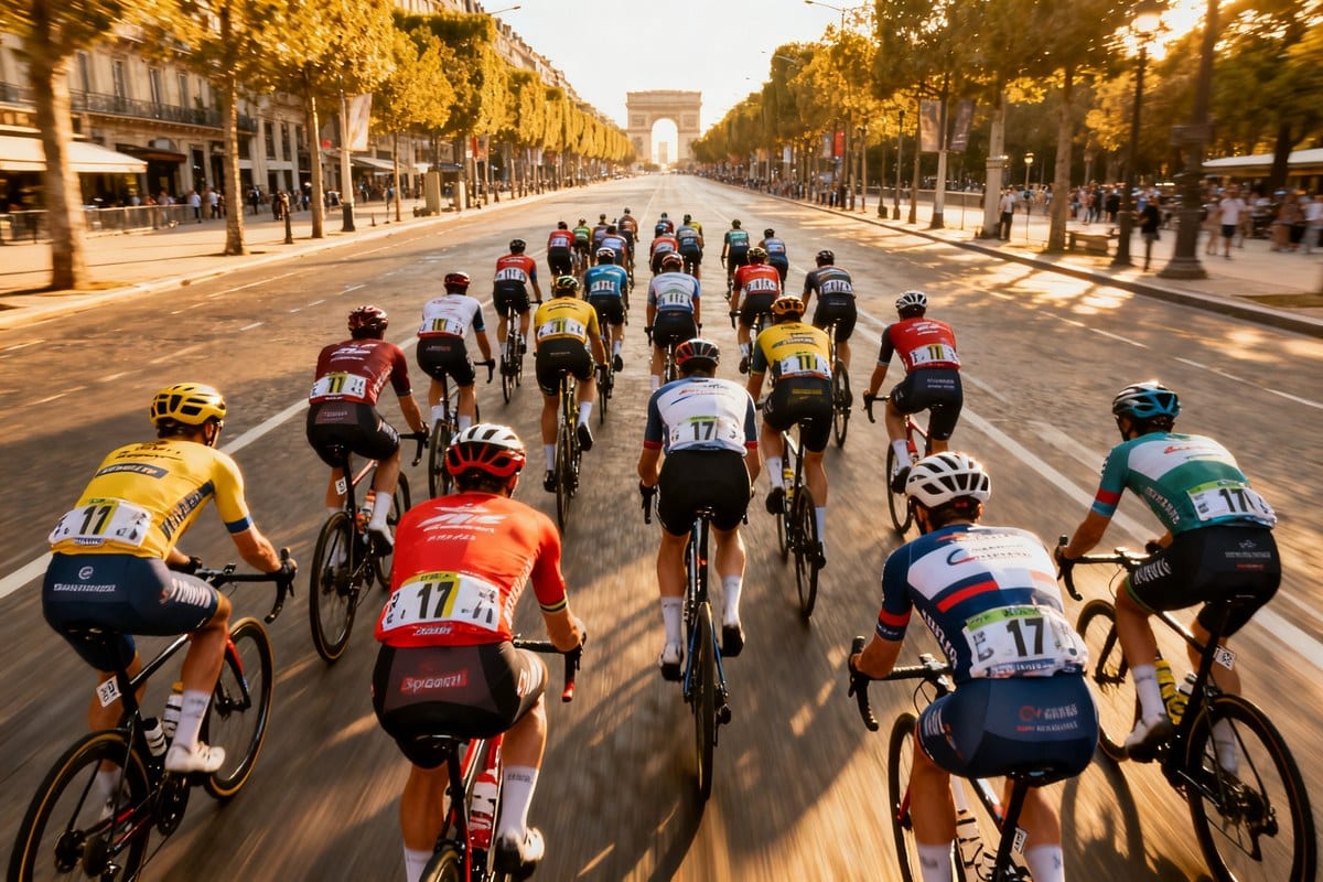 Sprint massif de coureurs cyclistes sur un large boulevard, effet de vitesse